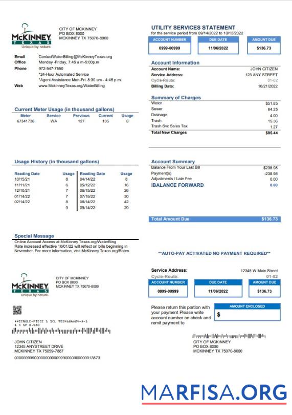 Printable USA Texas McKinney utility bill template in Word and PDF format